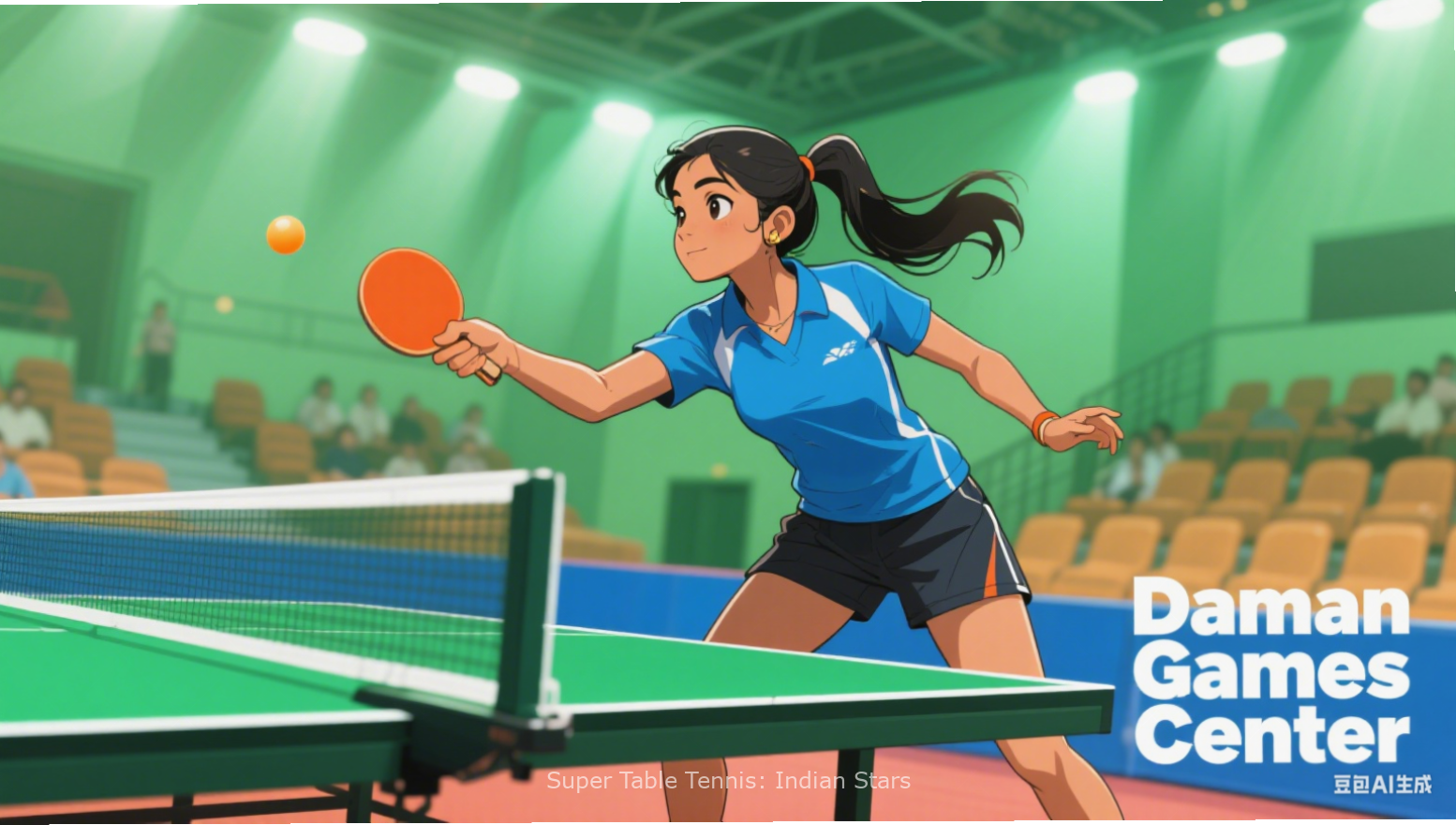 Super Table Tennis: Indian Stars gameplay showing advanced serving technique with spin indicator
