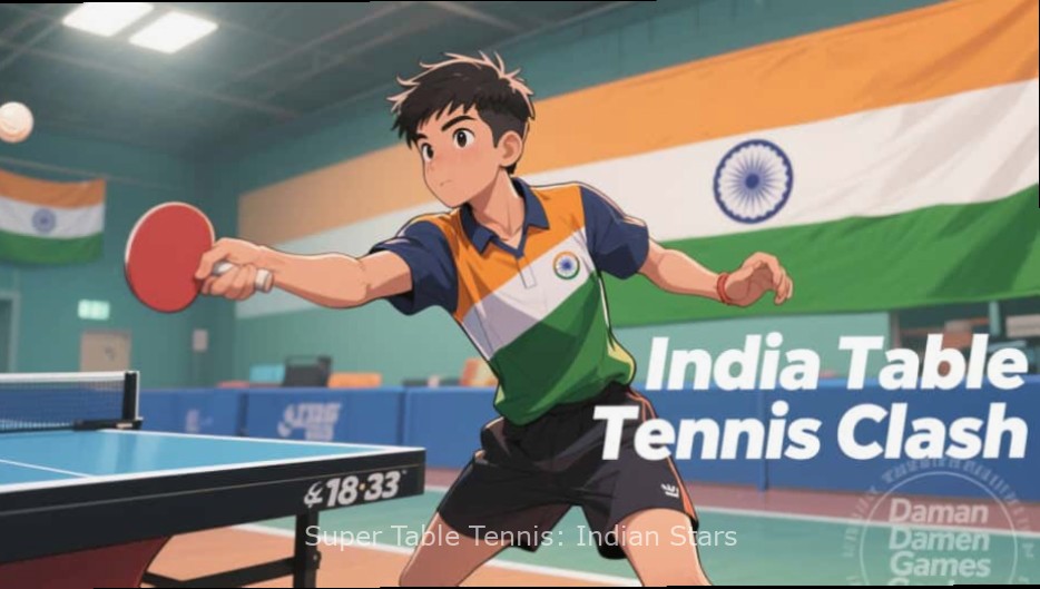 Super Table Tennis: Indian Stars in-game representation of Jawaharlal Nehru Stadium with Indian flag