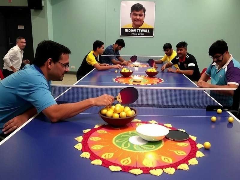 Super Table Tennis: Indian Stars - Diwali Event Super Table Tennis: Indian Stars Diwali event with golden balls and rangoli decorations on the table